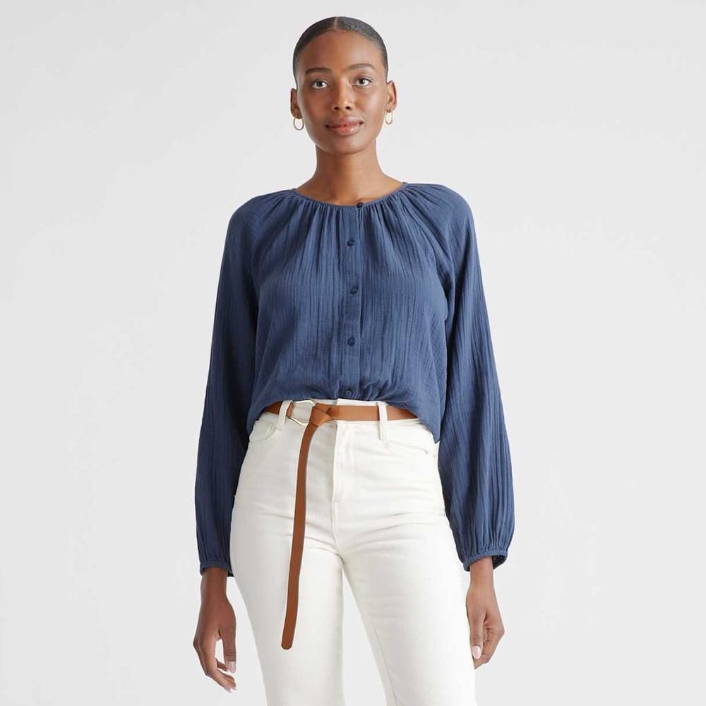 Quince Navy Blouse with Button Detail